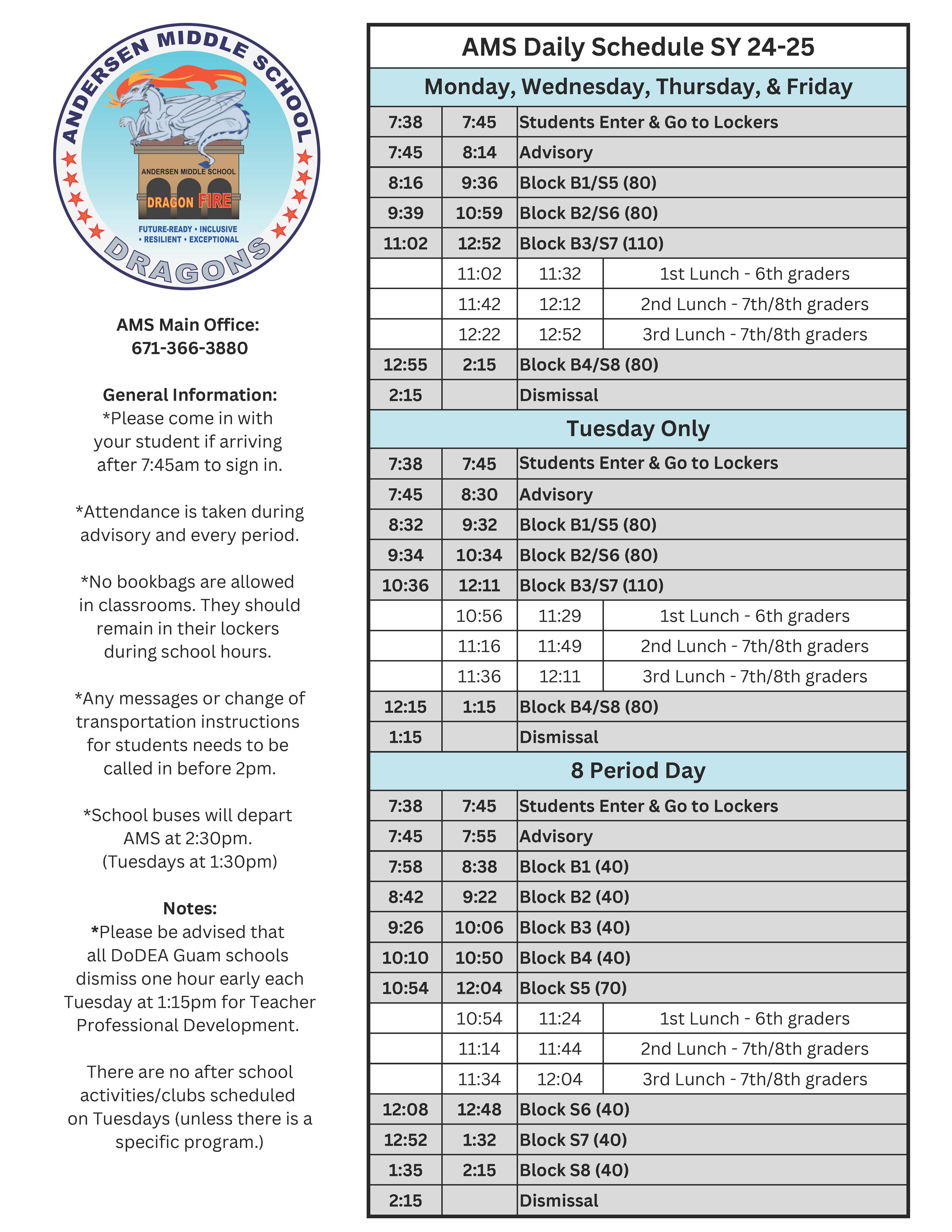 Andersen MS Daily Bell Schedule